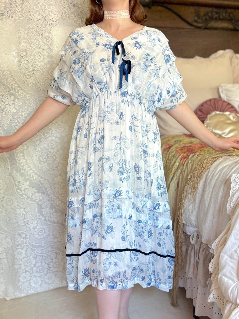 Blue and White Toile Dress, Unlogical Poem,Quirky, Special Occassion, Coquette